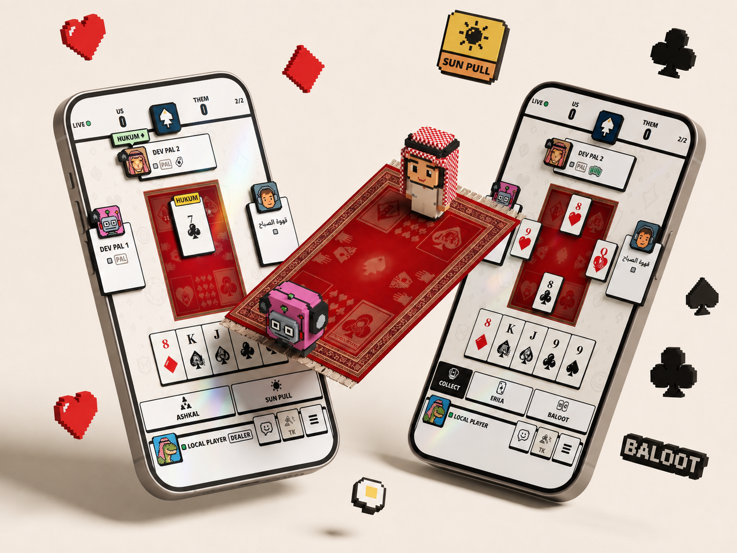 ElBlot Baloot match shown on two phones around a red playing carpet.